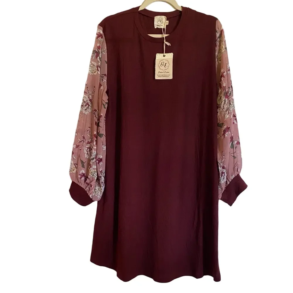 Grace and Emma New Size 2X‎ Knit Dress Cotton Floral Burgundy Blush Long Sleeve